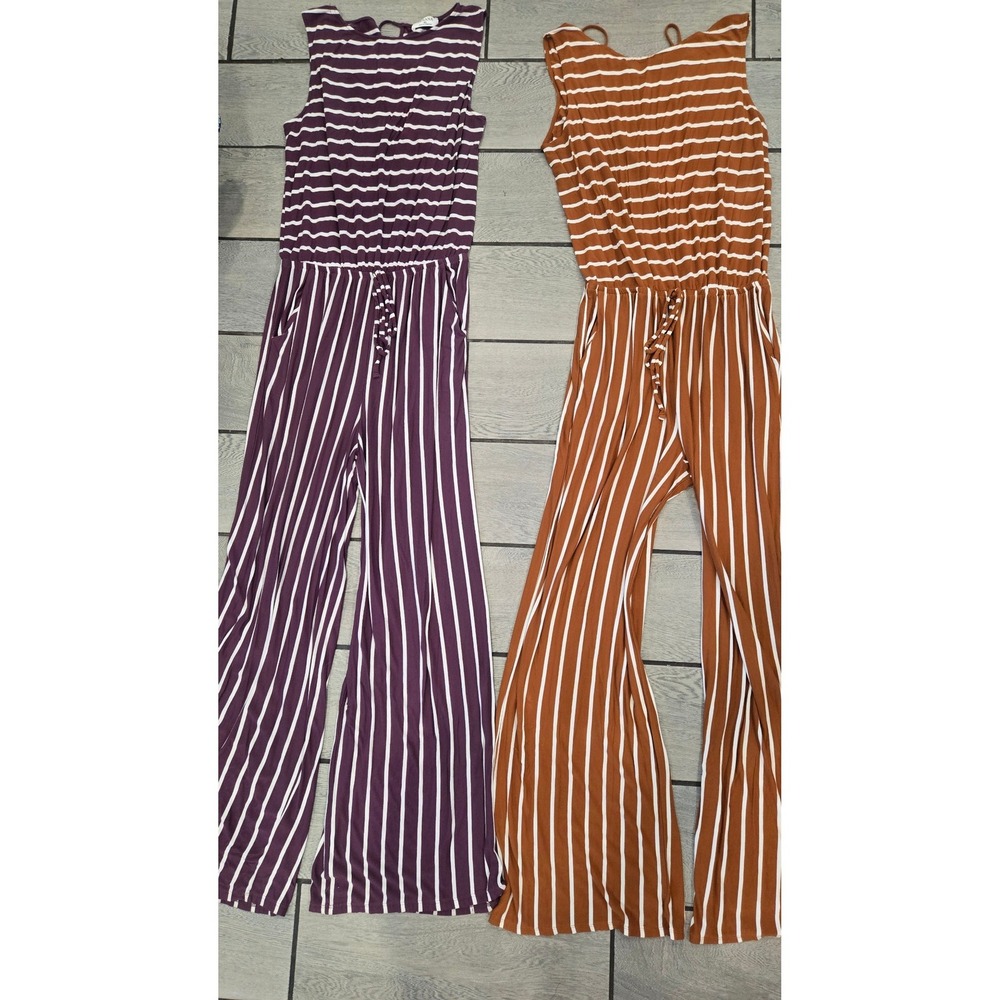 Zenana Striped Wide Leg Jumpsuit Bundle Set of 2 Purple Rust Orange XL - Picture 2 of 13